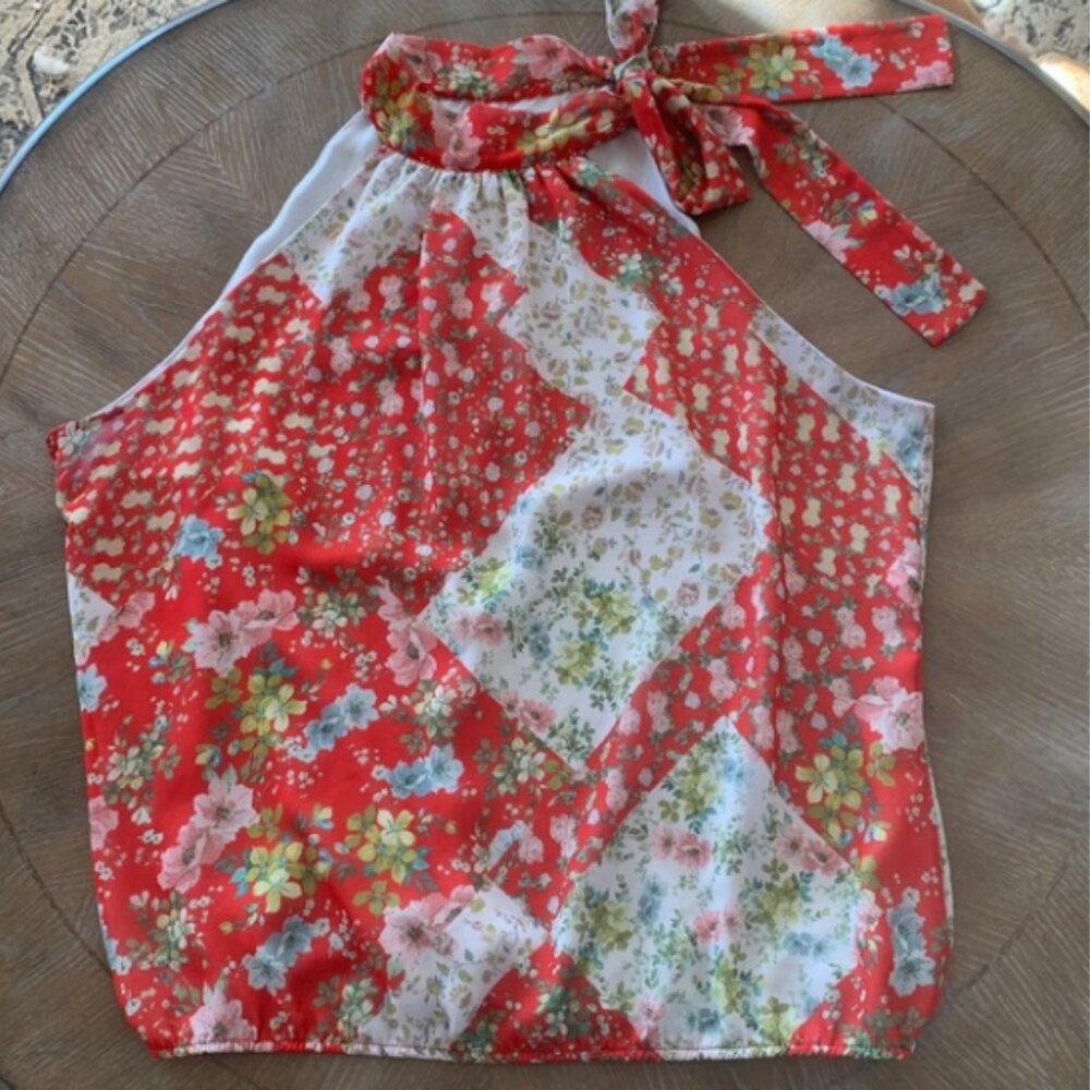 Sweet Pea Floral Halter Tie Tank Blouse - Size XL
